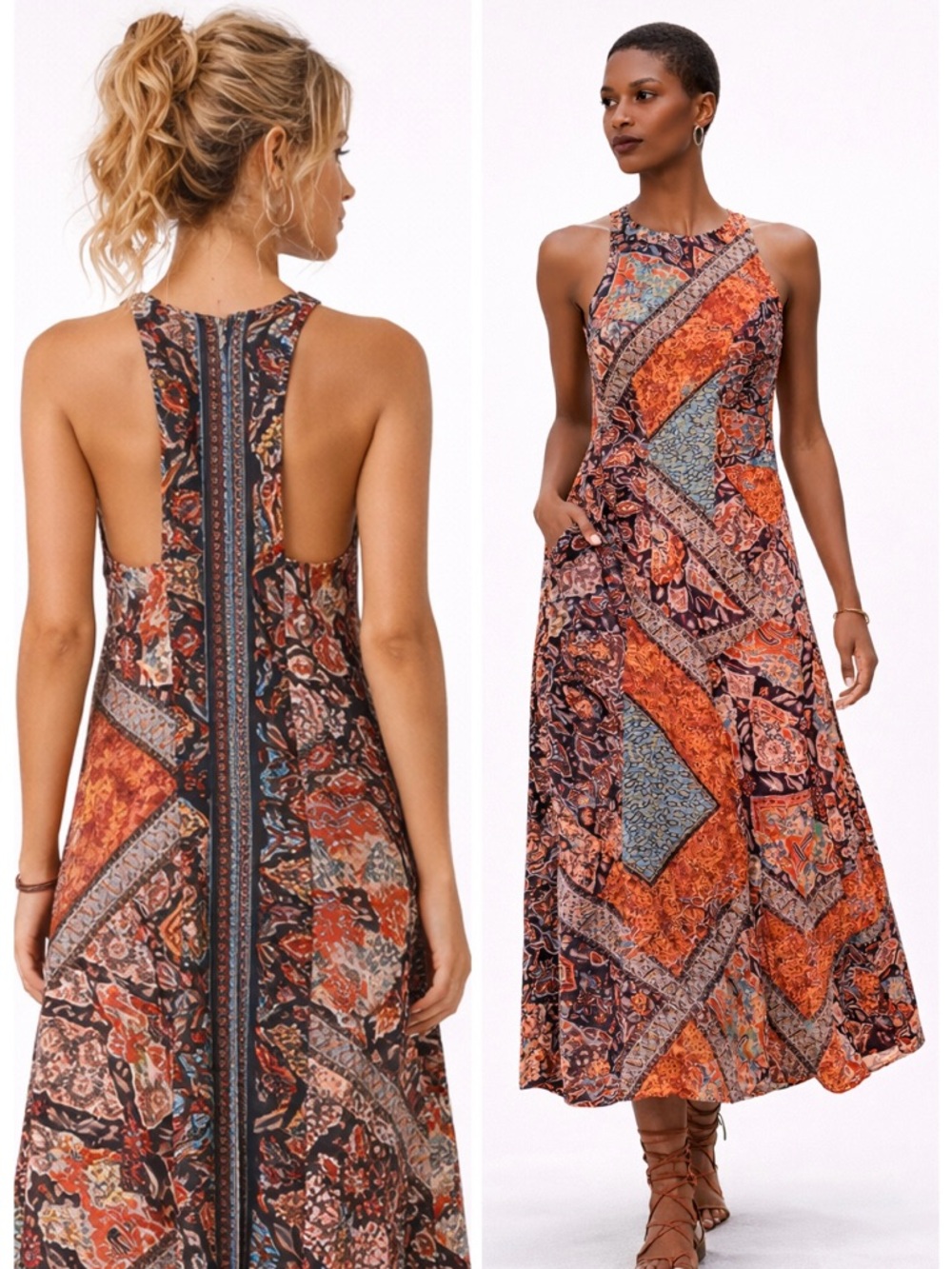 Organic Cotton Bohemian Patchwork Print Long Maxi Dress w/ Pockets 4 Seasons XL - Picture 4 of 15